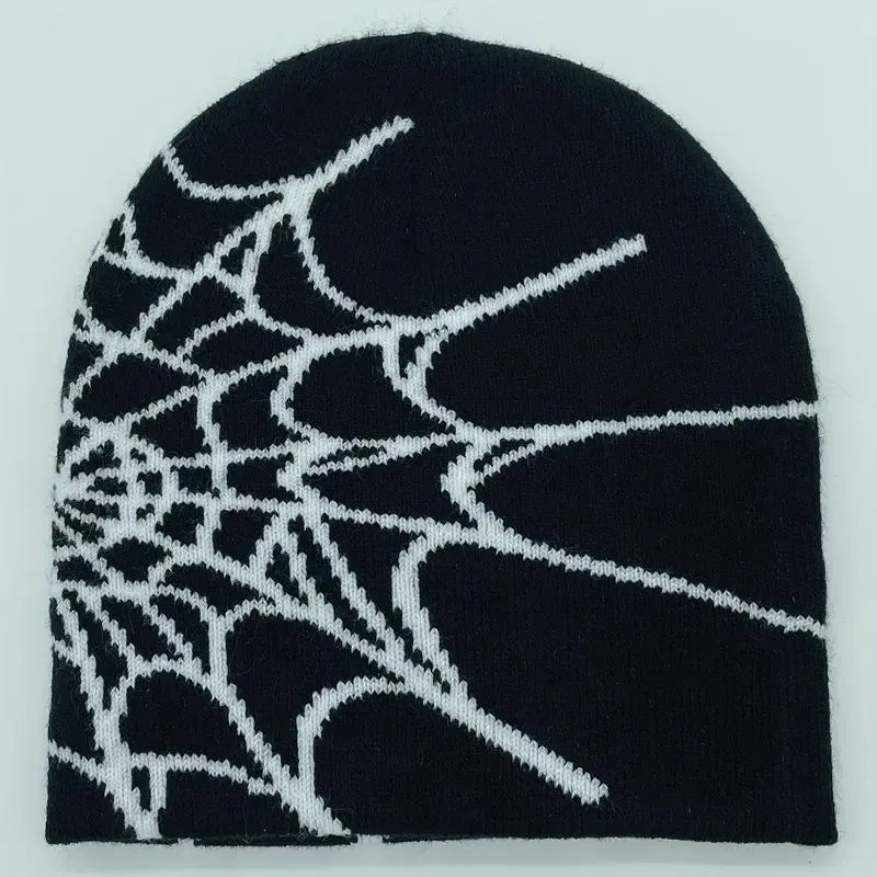Unisex Y2K Spider Web Skull Cap Beanie -  Viral Graphic Jacquard Knit Streetwear Grunge Aesthetic Hat, Cyberpunk Accessory for Night Raves