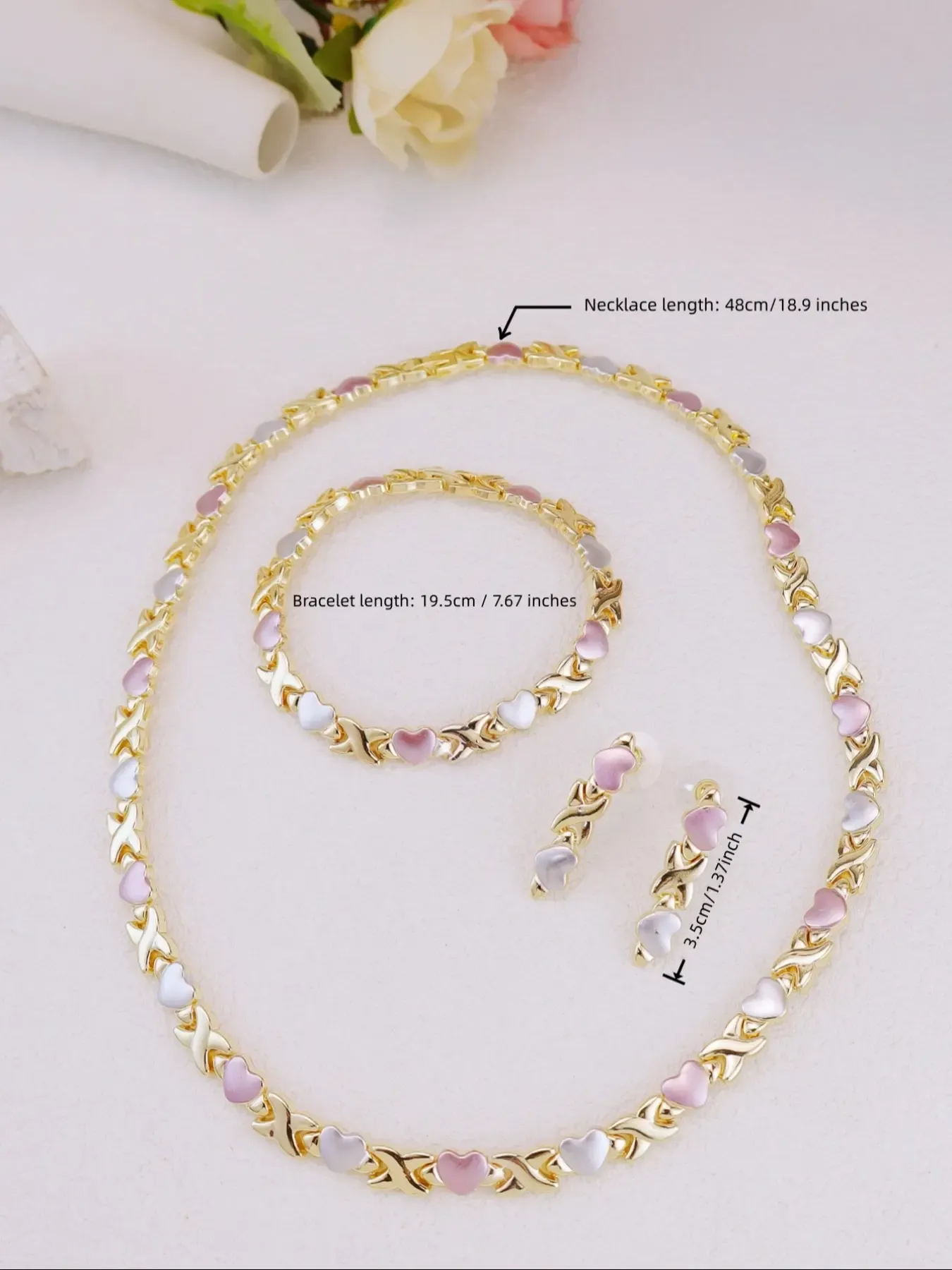 Royal-Inspired Color XO Heart Necklace & Bracelet & Earrings Set, Matching Jewelry Set, Casual Style Metal Chain Design Jewelry for All Seasons, Complete Accessories Set