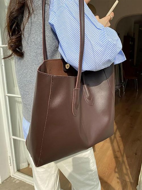 Women's Fashionable Solid Color Soft PU Leather Tote Bag, Large Capacity Shoulder Tote Bag For Daily, School & Commuting Used, Leather Tote Purses