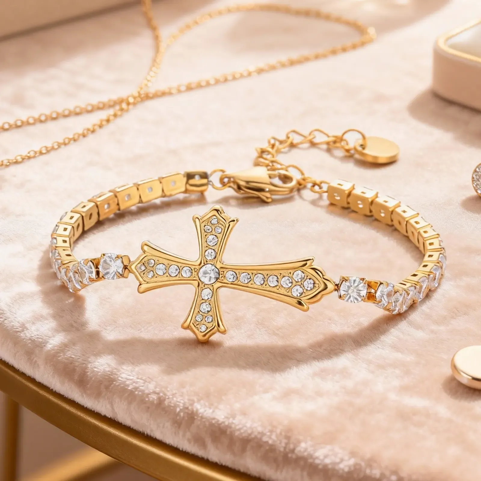 Cross Jesus Bracelet Hypoallergenic Gold-Plated with Cubic Zirconia Adjustable Wristband 9.45 Inches Unisex Gift for Christmas Valentine's Day Birthday