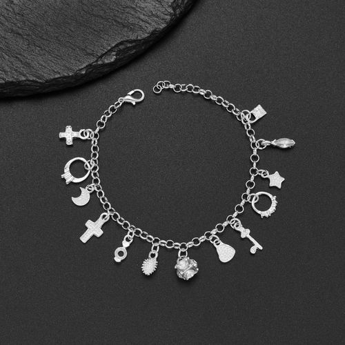 An elegant 925 sterling silver bracelet featuring a heart-shaped key pendant and adorned with 13 exquisite mini-charms, exuding a charming Bohemian style. Boasting a radiant silver luster and meticulous craftsmanship, this fashionable accessory makes an ideal gift for a wife or girlfriend—perfect for birthdays or any special occasion—and serves as a striking, personalized statement piece. (Box not included.)