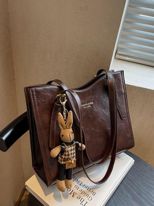 Women's Zipper Purse Tote Bag, Fashionable Solid Color Large Capacity Shoulder Bag with Rabbit Charm, Casual Solid Color Shoulderbag, Female Trendy Commuter Bag for Work, Everyday Bags, Convertible Shoulder Bags