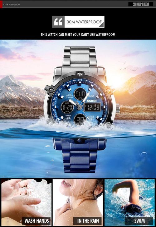 Fashion Multi functional Sports Men's Watch, 48Mm Metal Case with 3 Time Zone Night Light 30M Waterproof Stainless Steel Strap, Dual Time Display, Timer, Calendar, Alarm Clock Function Watch