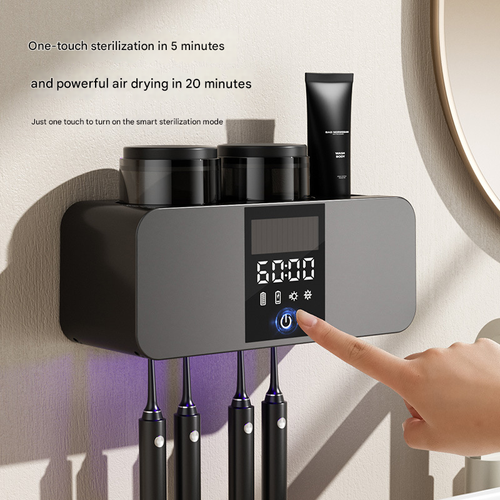 Wall Mounted Toothbrush Holder, 1 Count Rechargeable Smart Drying & Cleaning Toothbrush Holder with 2 Counts Cups, Bathroom Supplies for Home Dormitory Hotel Salon