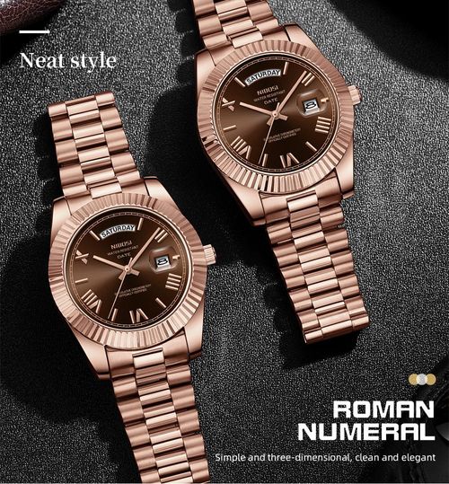 Luxury dress watch for men, 40mm rose gold dial, stainless steel bracelet, rotating quartz analog movement, water-resistant, luminous large dial, a sophisticated business watch, no watch box included.
