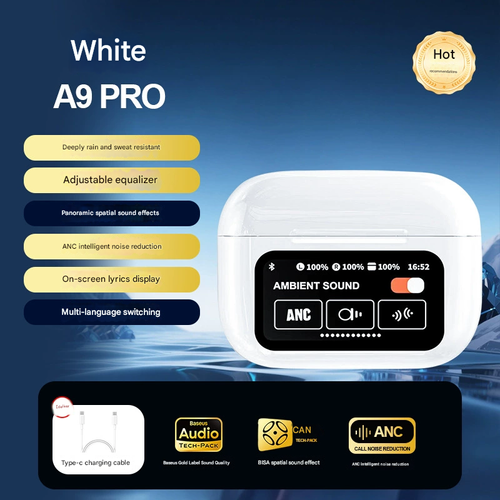 Wireless Bluetooth In-Ear Headphones A9pro - Noise Cancelling Earbuds with Smart Display, ANC Noise Reduction, Long Battery Life, Ideal for Sports & Daily Use