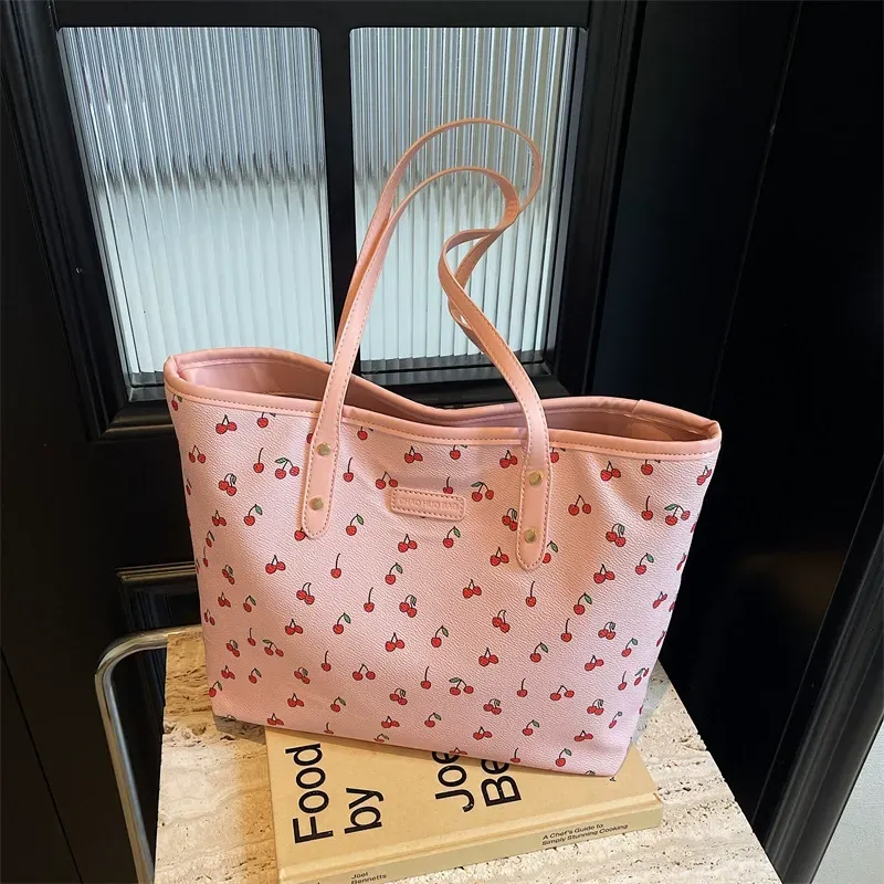 2025 New Cherry Bowknot Tote Bag | Pastel Aesthetic Lightweight Shoulder Bag | Large Capacity Chic Commuter Handbag