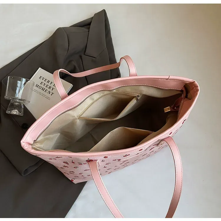2025 New Cherry Bowknot Tote Bag | Pastel Aesthetic Lightweight Shoulder Bag | Large Capacity Chic Commuter Handbag