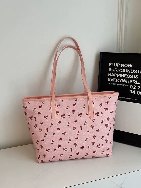 2025 New Cherry Bowknot Tote Bag | Pastel Aesthetic Lightweight Shoulder Bag | Large Capacity Chic Commuter Handbag