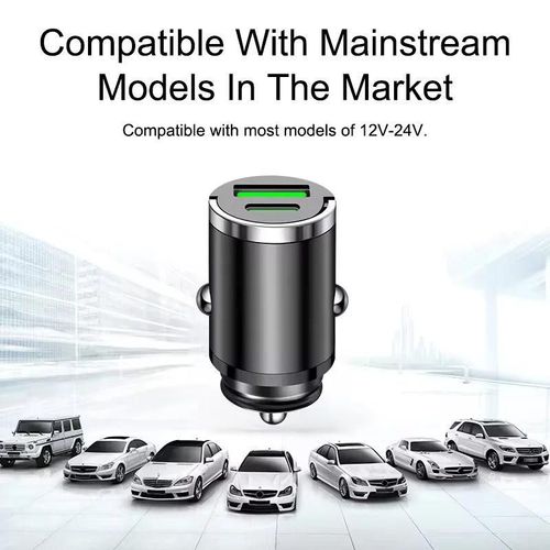 Mini Car Charger with Dual USB Ports – Compact Fast Charging Adapter for Phones, Tablets & GPS – USB-A & USB-C Ports – Universal Fit for 12V and 24V Vehicles – Smart Safe Charging Design