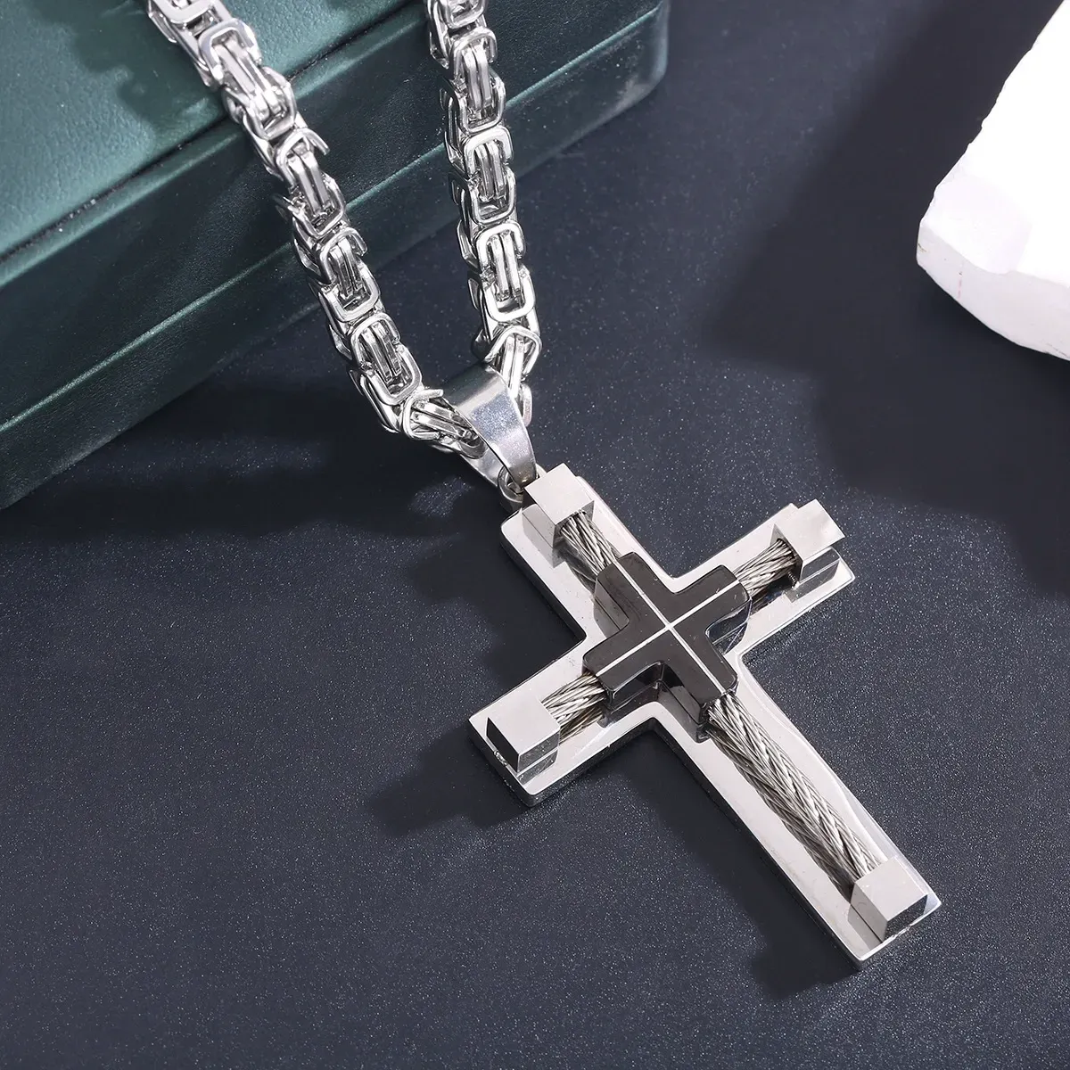 Stainless Steel Large Cross Chain Necklace for Men 24 Inch Byzantine Style Adjustable Length Stylish Design Daily Wear Gift Black Cross
