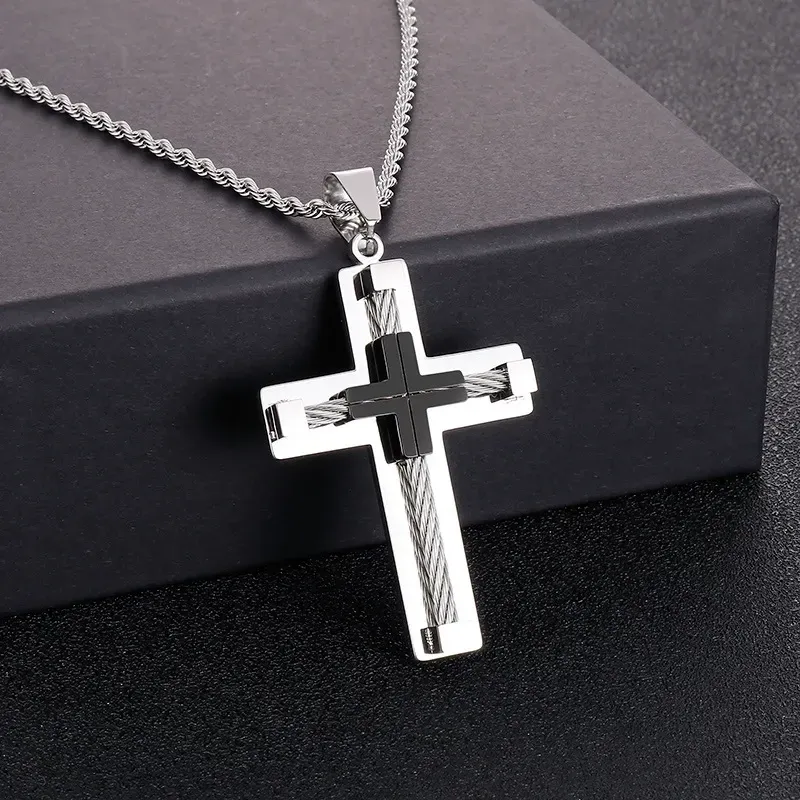 Stainless Steel Large Cross Chain Necklace for Men 24 Inch Byzantine Style Adjustable Length Stylish Design Daily Wear Gift Black Cross