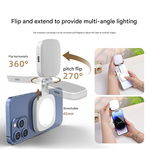 Magnetic Selfie Light Compatible with MagSafe iPhone, Folding LED Ring Fill Light with Mirror and Stand, Portable Indoor and Outdoor Lighting for Halloween Party Makeup Selfie Photography and Video Recording