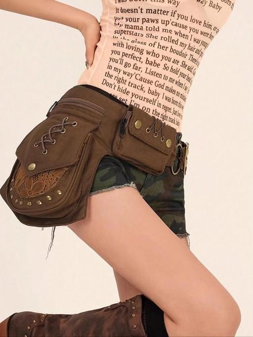 Women's Punk Style Rivet Embedded Fabric Leg Bag, Fashionable Outdoor Sports Running Bike Mountaineering Bag, Casual Versatile Zipper Leg Bag for Daily Used, Zipper Bum Bag