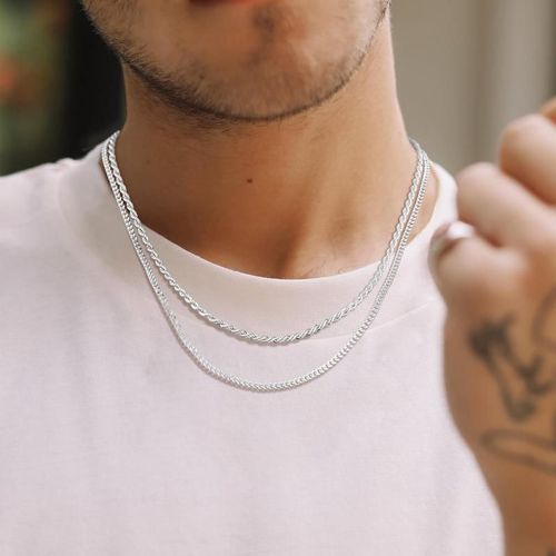 Tewiky Trendy 2Pcs 3mm Chain Necklace for Men - Layered Sterling Silver Cuban Link Rope Necklaces Set Simple Jewelry Gift Present Jewelry