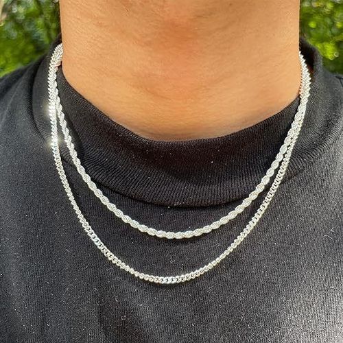 Tewiky Trendy 2Pcs 3mm Chain Necklace for Men - Layered Sterling Silver Cuban Link Rope Necklaces Set Simple Jewelry Gift Present Jewelry