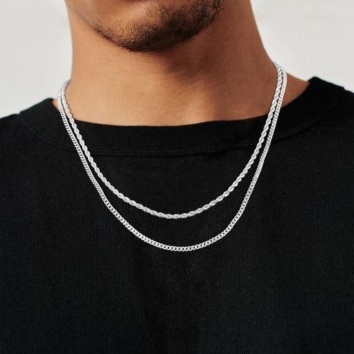 Tewiky Trendy 2Pcs 3mm Chain Necklace for Men - Layered Sterling Silver Cuban Link Rope Necklaces Set Simple Jewelry Gift Present Jewelry