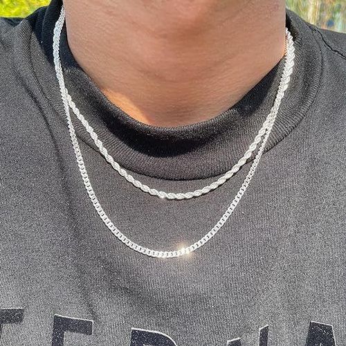 Tewiky Trendy 2Pcs 3mm Chain Necklace for Men - Layered Sterling Silver Cuban Link Rope Necklaces Set Simple Jewelry Gift Present Jewelry