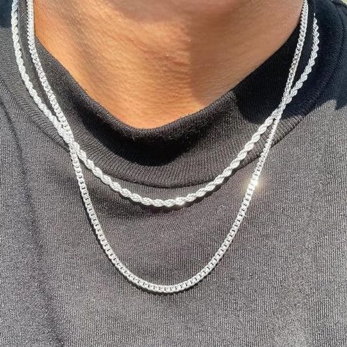 Tewiky Trendy 2Pcs 3mm Chain Necklace for Men - Layered Sterling Silver Cuban Link Rope Necklaces Set Simple Jewelry Gift Present Jewelry
