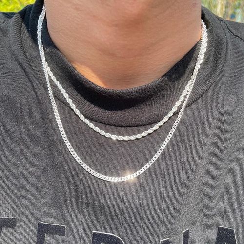 Tewiky Trendy 2Pcs 3mm Chain Necklace for Men - Layered Sterling Silver Cuban Link Rope Necklaces Set Simple Jewelry Gift Present Jewelry