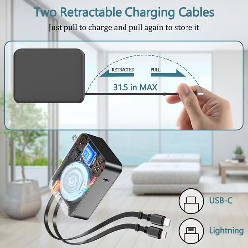 4 in 1 Retractable Car Charger - USB C Fast Charging Adapter with Built-in Lightning Cable, Compatible with iPhone  Pro Max Plus, Samsung , Universal Compact Car Charger for Smartphones
