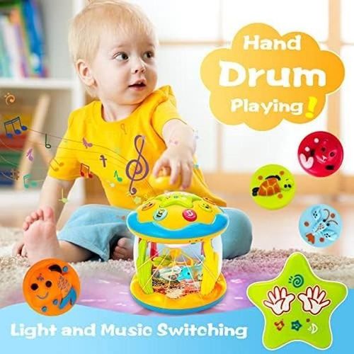 Baby Musical Light Up Toys 6-36 Months, Tummy Time Ocean Projector Rotating, Infant 0-12 Months Learning Crawling,Floor drum Toy , Birthday present for baby, Rattle Maracas Sensory