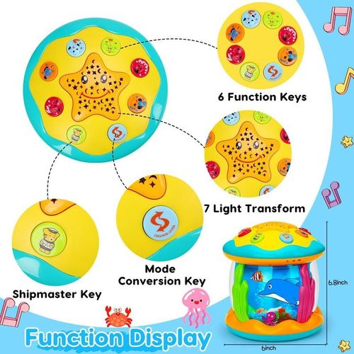 Baby Musical Light Up Toys 6-36 Months, Tummy Time Ocean Projector Rotating, Infant 0-12 Months Learning Crawling,Floor drum Toy , Birthday present for baby, Rattle Maracas Sensory
