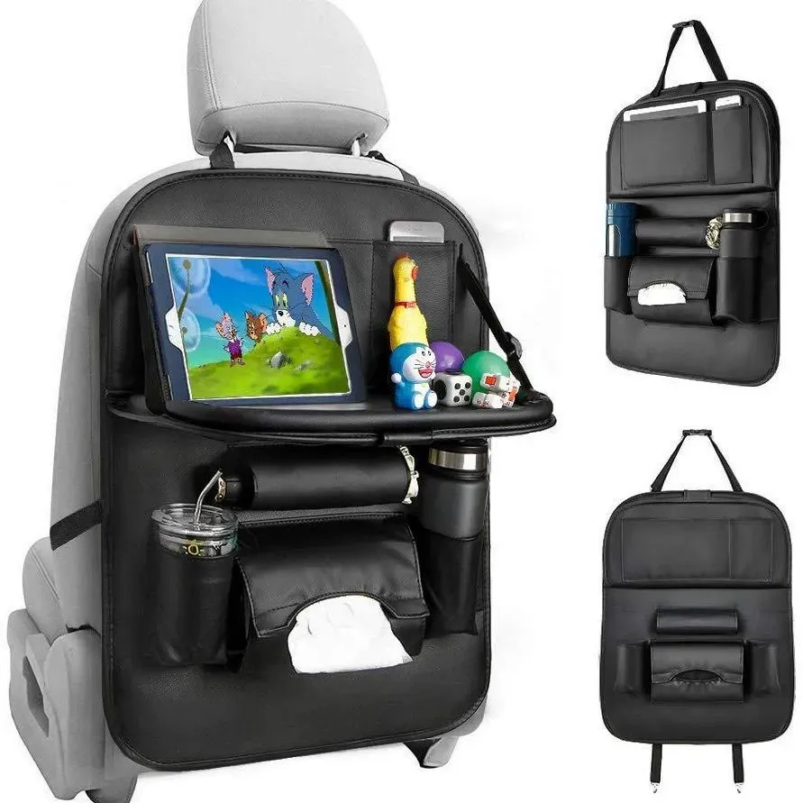 Leather Car Seat Back Organizer with Foldable Dining Table - Kids-Friendly Rear Seat Storage Bag, Car Backseat Hanging Organizer for Snacks Toys, Durable  Storage Rack for Daily Use