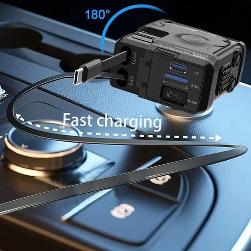 Retractable Car Charger 4 in 1, USB-C Fast Charging Adapter with Lightning Cable&Dual Charge Port Compatible with iPhone, Samsung,Smartphone