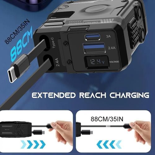 Retractable Car Charger 4 in 1, USB-C Fast Charging Adapter with Lightning Cable&Dual Charge Port Compatible with iPhone, Samsung,Smartphone