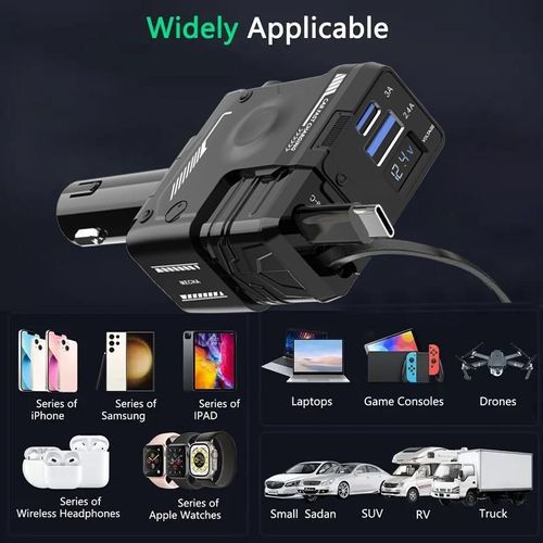 Retractable Car Charger 4 in 1, USB-C Fast Charging Adapter with Lightning Cable&Dual Charge Port Compatible with iPhone, Samsung,Smartphone