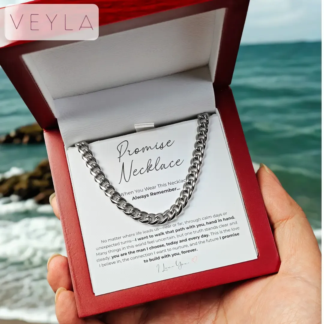 Promise Necklace for Boyfriend Waterproof Stainless Steel Cuban Chain Symbol of Love and Commitment LED Wooden Box Gift for Valentines Day and Birthday