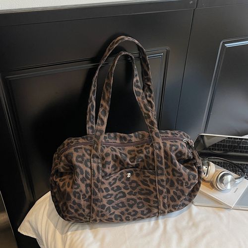 Large-Capacity Denim Leopard Print Luggage Bag, Tough Urban Fabric with Subtle Print, Niche Design, Versatile Tote, Convenient Sports Bag, Denim Shoulder Bag