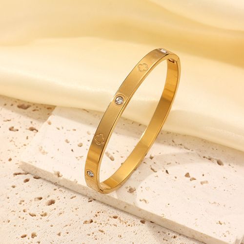 Fashion Gold-Plated Four-Leaf Clover Diamond-Studded Open Bangle, Women's Light Luxury Versatile Stackable Stainless Steel Jewelry
