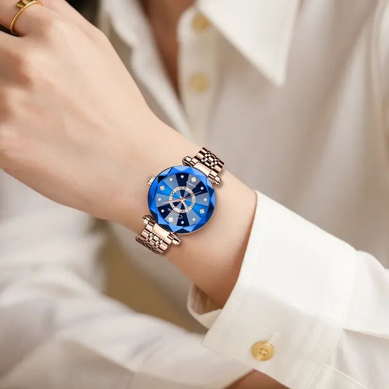 Women's Elegant Round Analog Quartz Watch Stylish Versatile Exquisite Waterproof Watch with Diamond Cut Glass