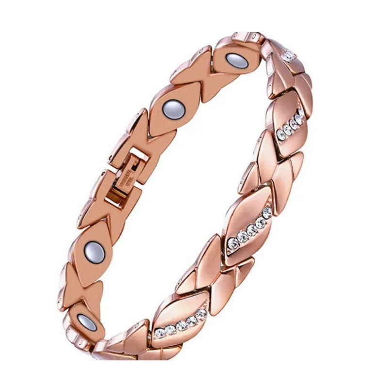 Women's leaf bracelet, pure copper magnetic bracelet with diamonds, 3500 gauss effective magnet, outdoor fun