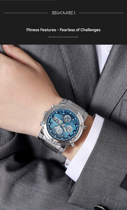 Fashion Multi functional Sports Men's Watch, 48Mm Metal Case with 3 Time Zone Night Light 30M Waterproof Stainless Steel Strap, Dual Time Display, Timer, Calendar, Alarm Clock Function Watch