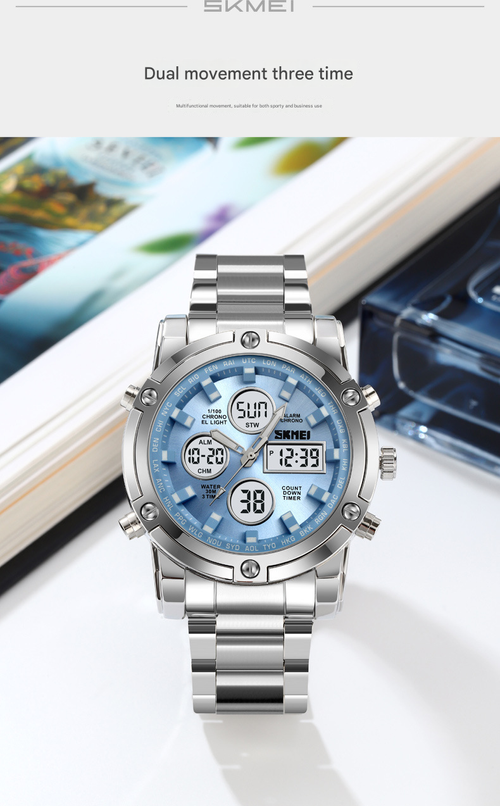 Fashion Multi functional Sports Men's Watch, 48Mm Metal Case with 3 Time Zone Night Light 30M Waterproof Stainless Steel Strap, Dual Time Display, Timer, Calendar, Alarm Clock Function Watch