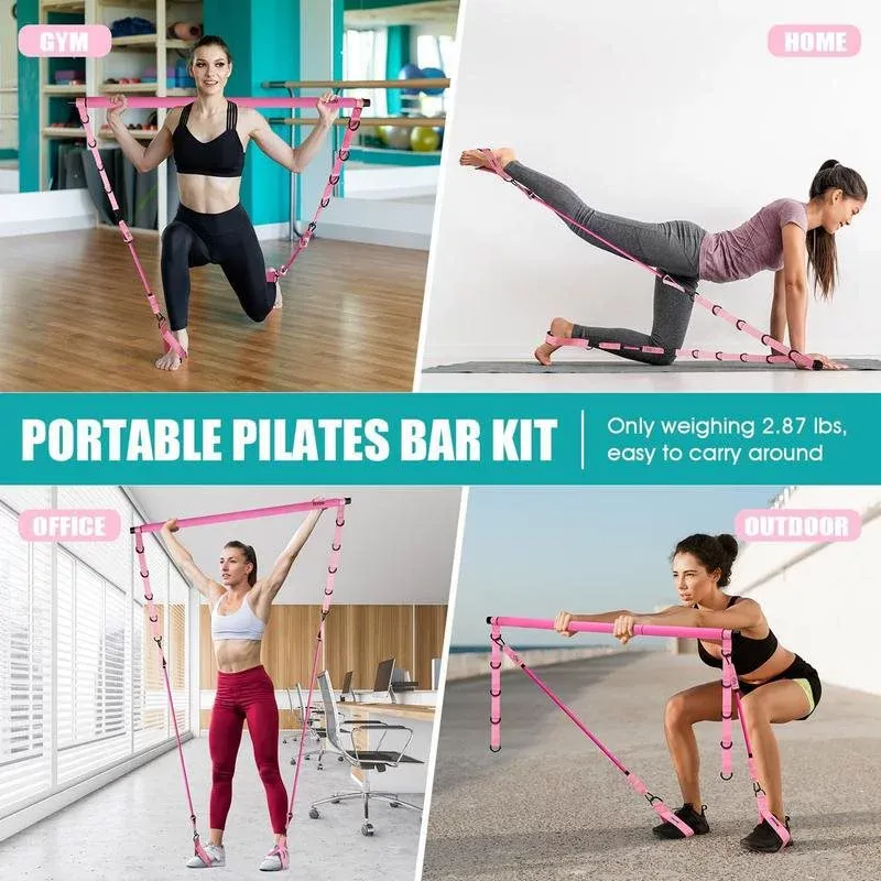 Pilates Bar Kit with Resistance Bands, Pilates Workout Equipment for Legs, Hip, Waist, Arm, Squats Exercise Equipment for Home Workouts, Adjustable 3-Section Pilates Bar Kit for Women & Men,Yoga