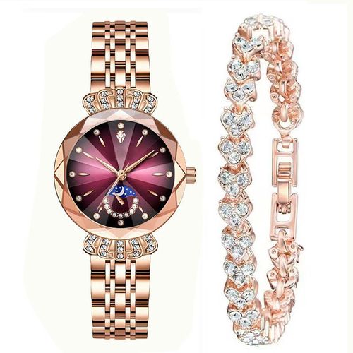 Luxurious Ladies' Jewelry Watch — Diamond-Cut Crystal, Stainless Steel Case, Water-Resistant Design, Sun, Moon, and Stars Motif. An Elegant Timepiece—The Perfect Gift for Her (Watch Box Not Included).