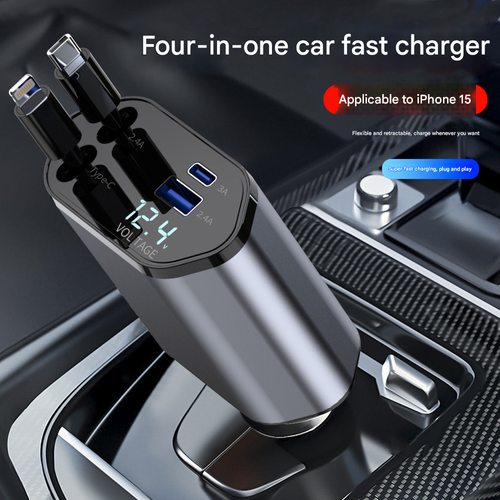 2025 New 120W 4 in 1 Car Charger Super Fast Charging Telescopic 1 to 4 Cigarette Lighter Adapter Compatible with Apple 16 15 and Huawei