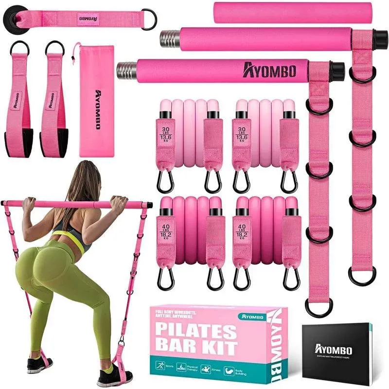 Pilates Bar Kit with Resistance Bands, Pilates Workout Equipment for Legs, Hip, Waist, Arm, Squats Exercise Equipment for Home Workouts, Adjustable 3-Section Pilates Bar Kit for Women & Men,Yoga