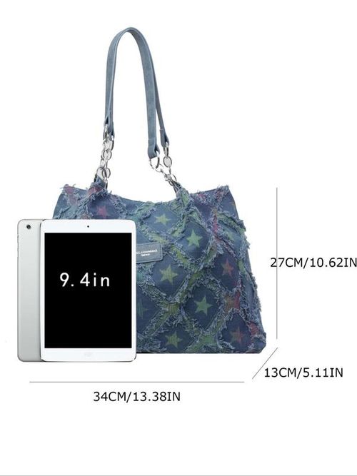 Women's Fashionable Star Pattern Raw Trim Tote Bag, Large Capacity Shoulder Bag, Elegant Commuter Rhombus Bag, High-capacity Denim High-sense Bag, Fashionable Patterned Bag, Suitable for Dating, Classes, Shopping