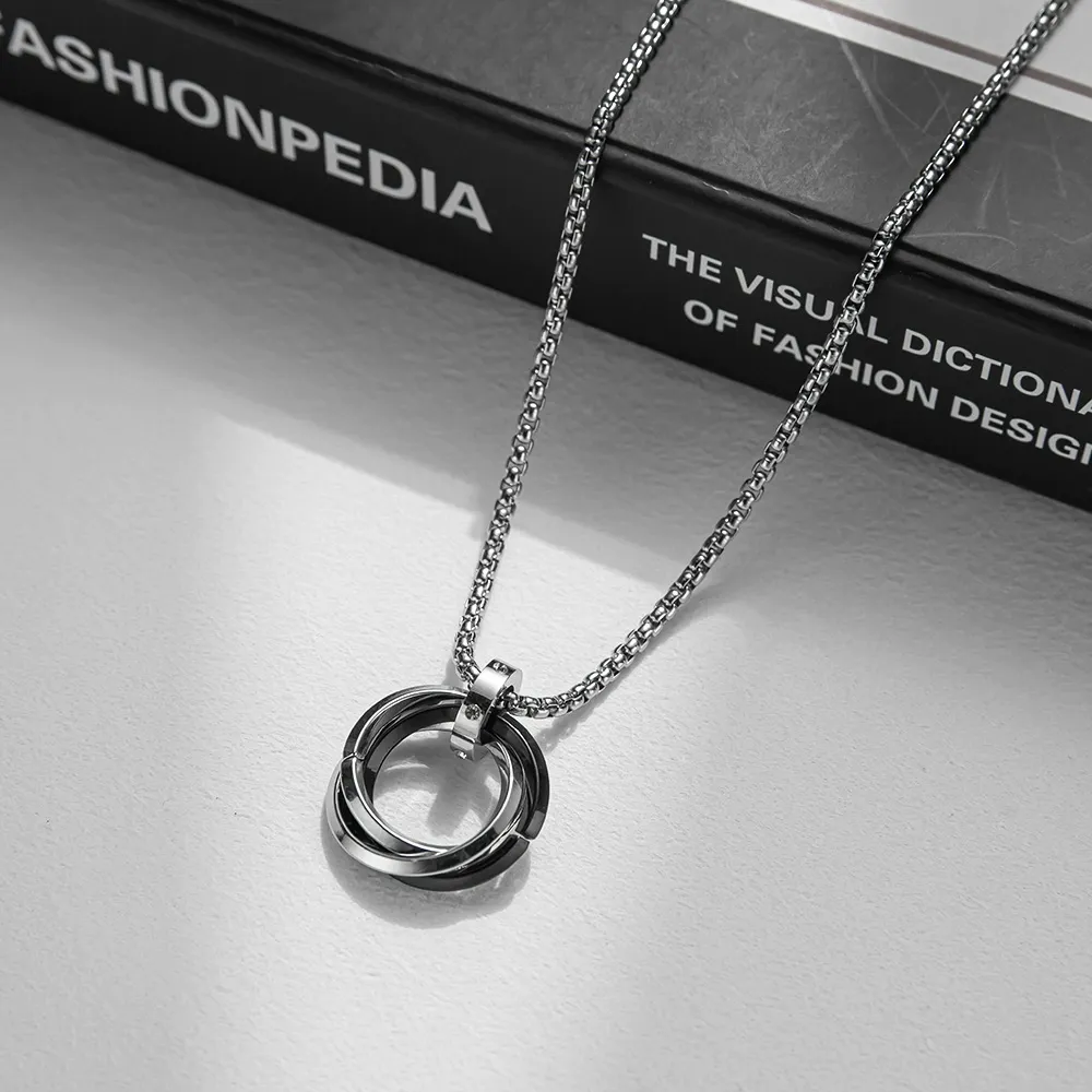 Unisex Titanium Steel Three-Ring Necklace - Fade-Resistant Ring Pendant, Ins Streetwear Hip Hop Style, Hoodie Chain Statement Accessory