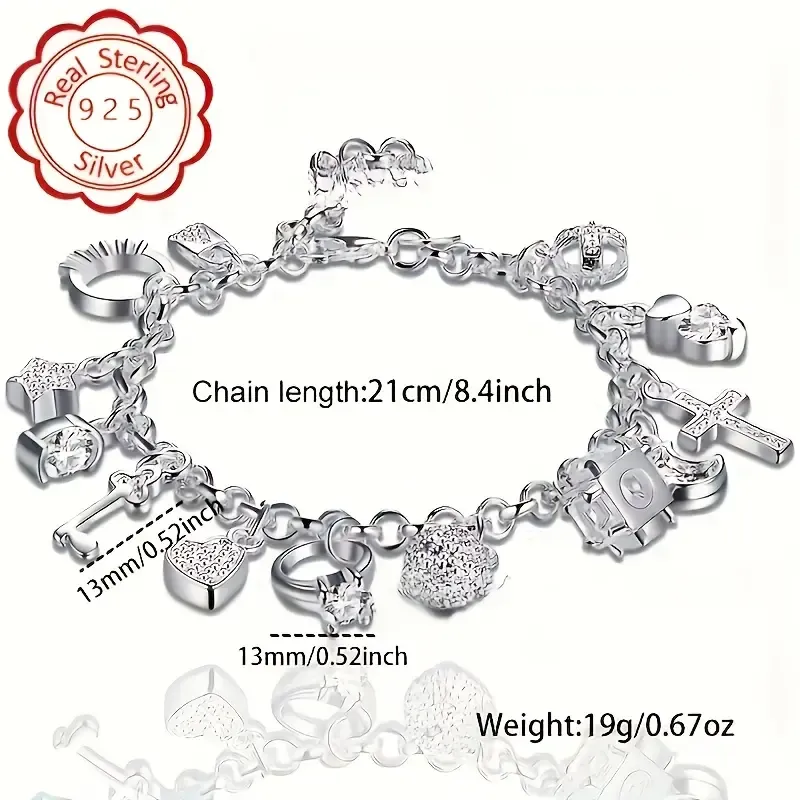 An elegant 925 sterling silver bracelet featuring a heart-shaped key pendant and adorned with 13 exquisite mini-charms, exuding a charming Bohemian style. Boasting a radiant silver luster and meticulous craftsmanship, this fashionable accessory makes an ideal gift for a wife or girlfriend—perfect for birthdays or any special occasion—and serves as a striking, personalized statement piece. (Box not included.)