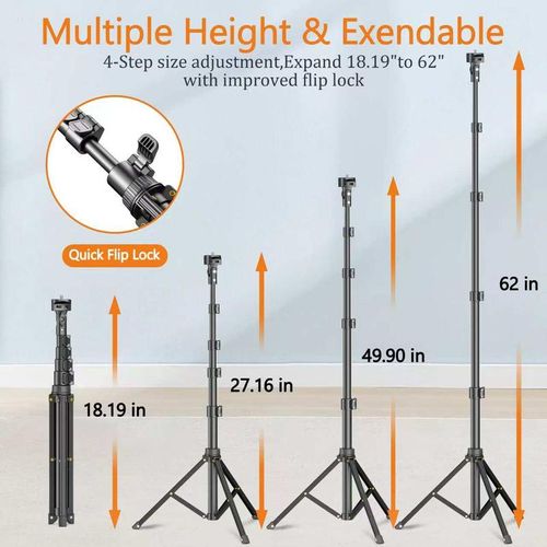 62'' Adjustable Phone Tripod & Selfie Stick with Bluetooth Remote, Universal Mount for iPhone, Android, and Cameras