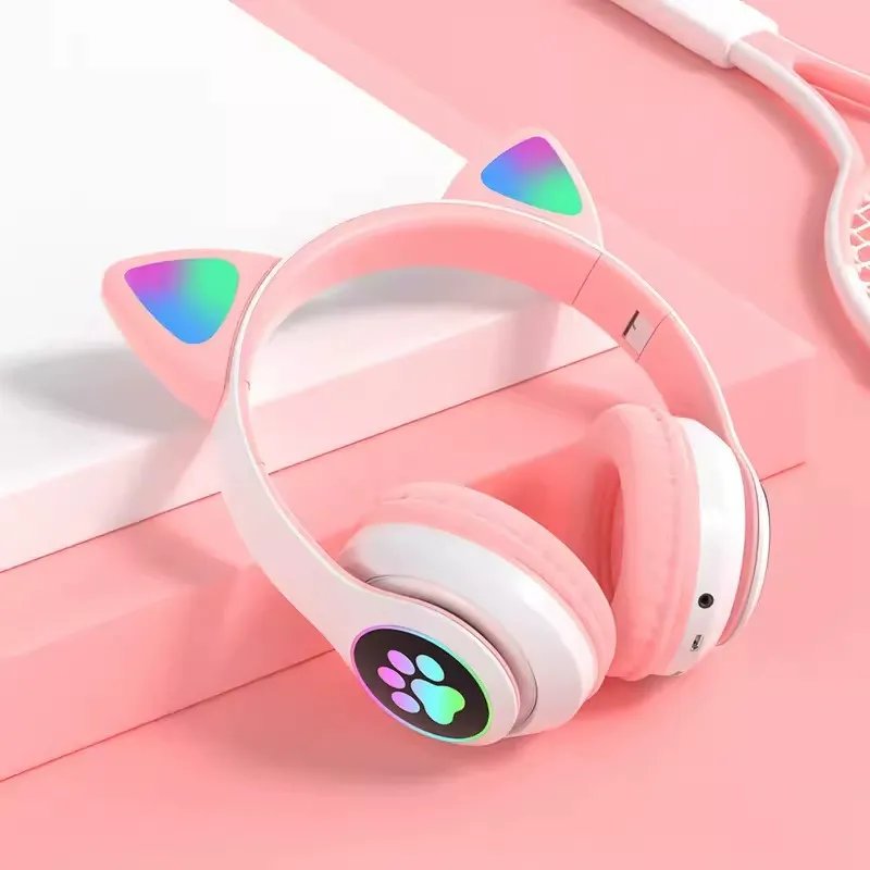 LED Flashing Cat Ear Wireless Bluetooth Headphones - Over-Ear Deep Bass Sports Headset with SD Card Slot & RGB Lights for Gaming or Workout