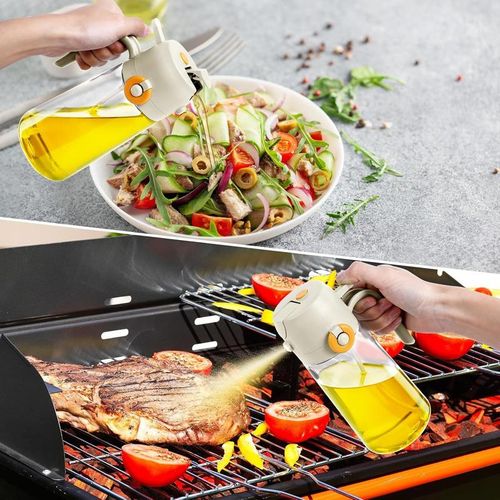2-in-1 Olive Oil Dispenser and Sprayer for Kitchen, 16oz Premium Glass Oil Bottle for Cooking, Air Fryer, Salad, Grilling, Barbecue Utensils, Food-Grade Oil Sprayer for Precise Control, Healthy Meal Prep, Multi-Color Oil Bottle for Home Use