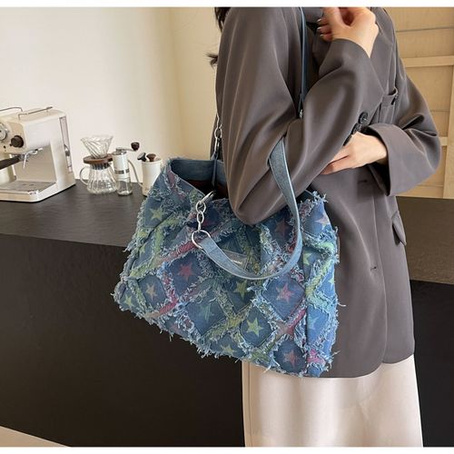 Women's Fashionable Star Pattern Raw Trim Tote Bag, Large Capacity Shoulder Bag, Elegant Commuter Rhombus Bag, High-capacity Denim High-sense Bag, Fashionable Patterned Bag, Suitable for Dating, Classes, Shopping