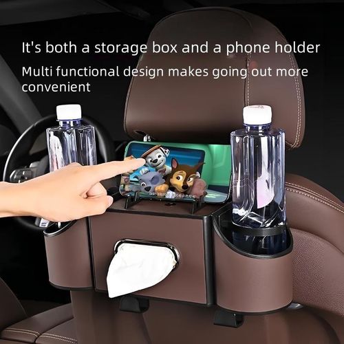 Car Organizers and Storage Box, Multifunctional Car Seat Back Storage Box with Tissue Holder, 2 Cup Holders & Bags Hooks, Back Seat Car Organizer for family and Travel